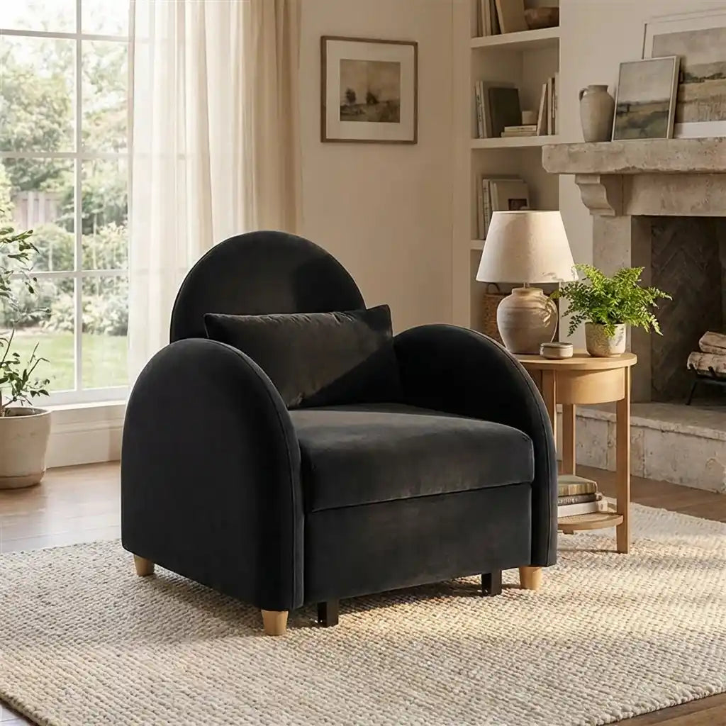 Boucle Sofa Bed Chair Single Pull Out Recliner in Beige or Charcoal Grey Compact Guest Chair with Foam Cushions No Assembly Fold Out Sleeper for Small Spaces Flats or Bedrooms