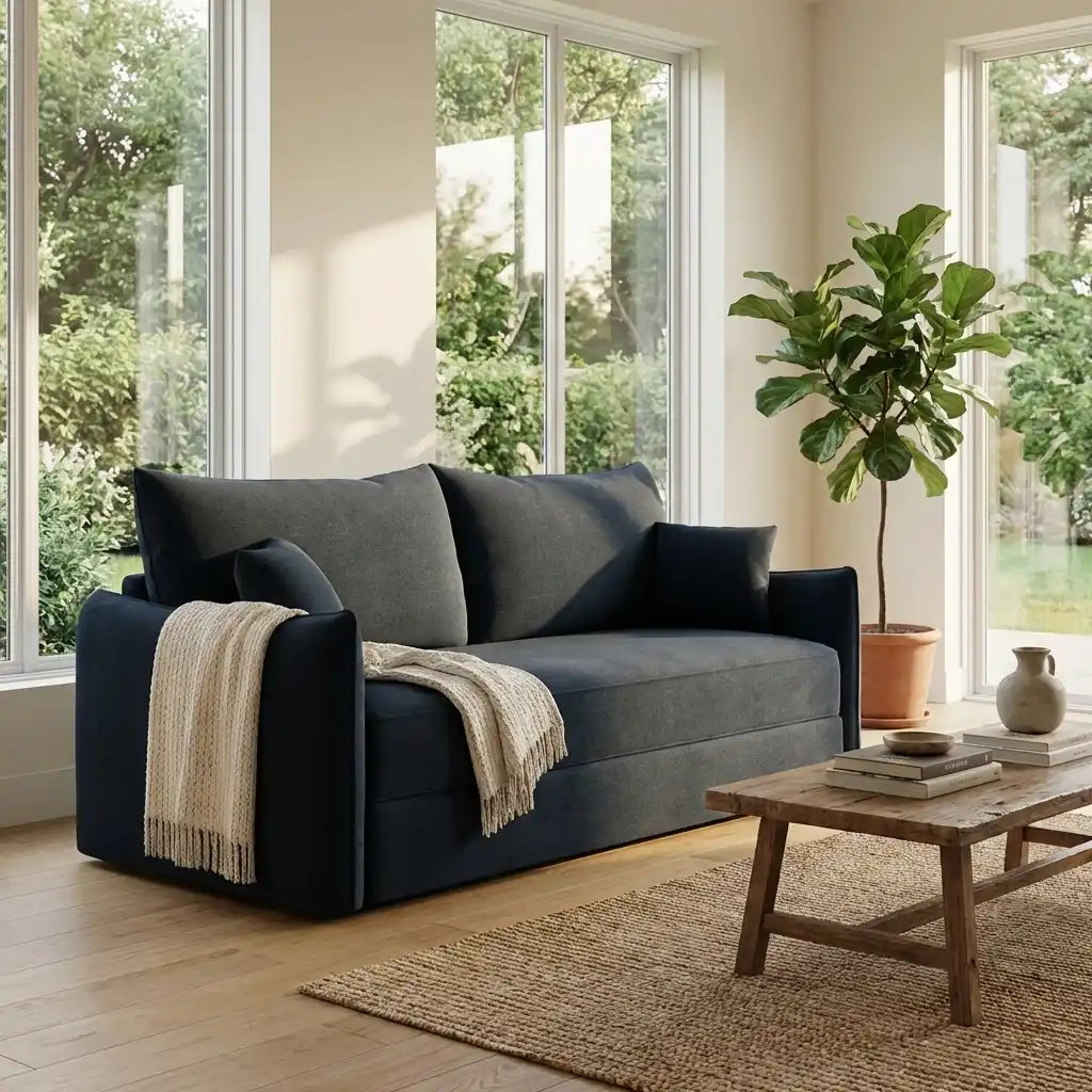 Navy Blue Chenille 3-Seater Sofa Bed with Pull-Out Design
