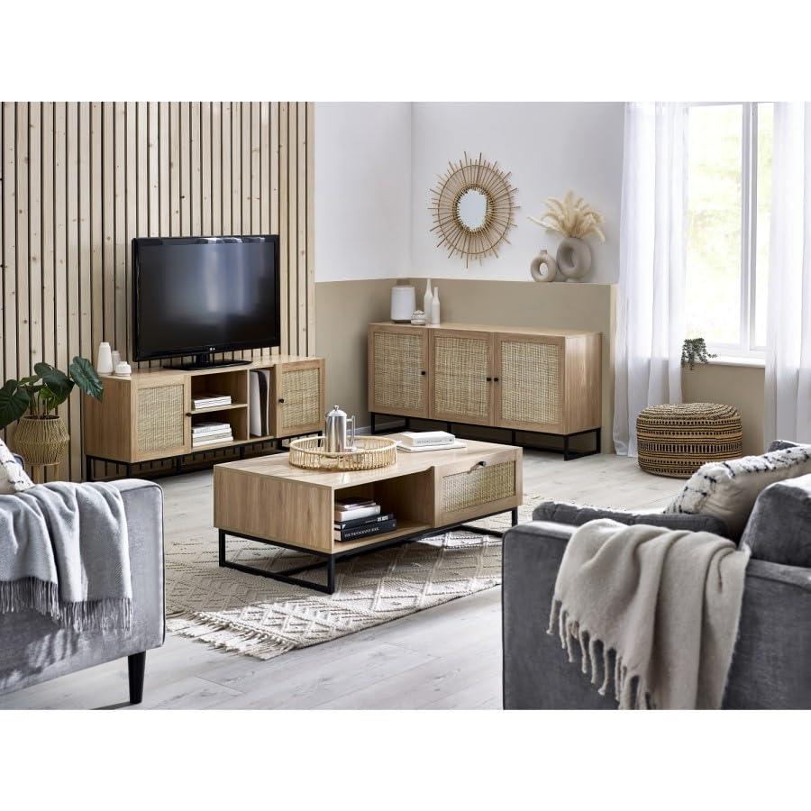 Rectangular Oak Coffee Table with Rattan Drawers – Rustic Wood Effect with Storage and Black Metal Legs