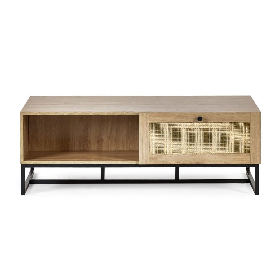 Rectangular Oak Coffee Table with Rattan Drawers – Rustic Wood Effect with Storage and Black Metal Legs