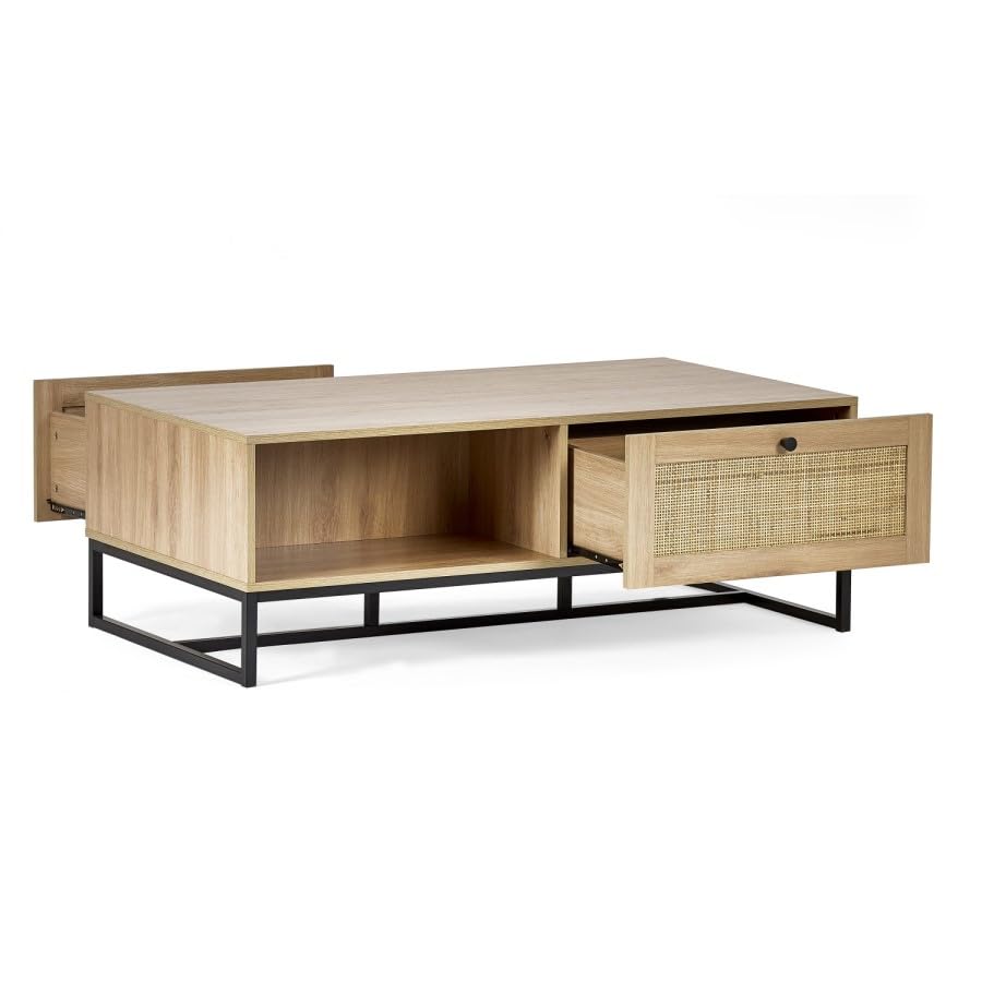 Rectangular Oak Coffee Table with Rattan Drawers – Rustic Wood Effect with Storage and Black Metal Legs