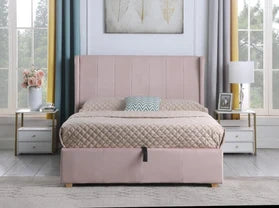 Ava 4ft6 Double Pink Velvet Bed Frame – Upholstered Bed with Storage