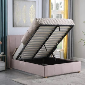 Ava 4ft6 Double Pink Velvet Bed Frame – Upholstered Bed with Storage