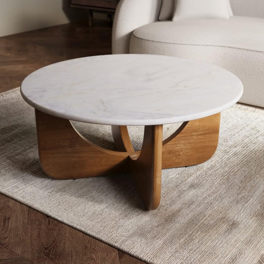 Round White Marble Coffee Table – Solid Mango Wood Base – Mid Century Modern Living Room Table – No Assembly Required
