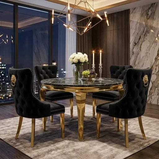 Luvon Louis Contemporary 130cm Round Marble Effect Dining Table Set with 4 Milan Velvet Lion Head Knocker Chairs and Gold Legs