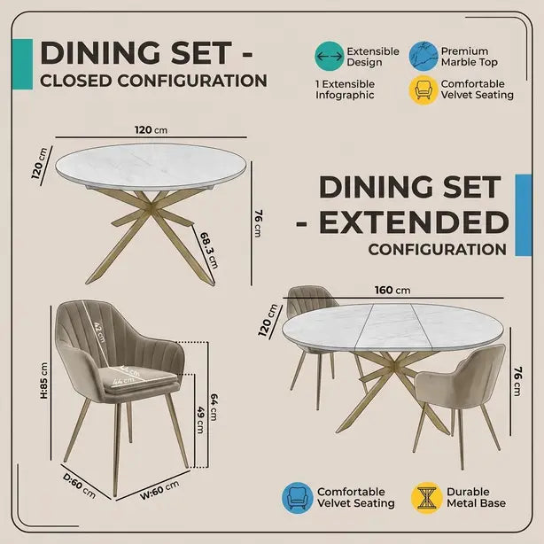White Marble Extendable Dining Table & 4–6 Mink Velvet Chairs