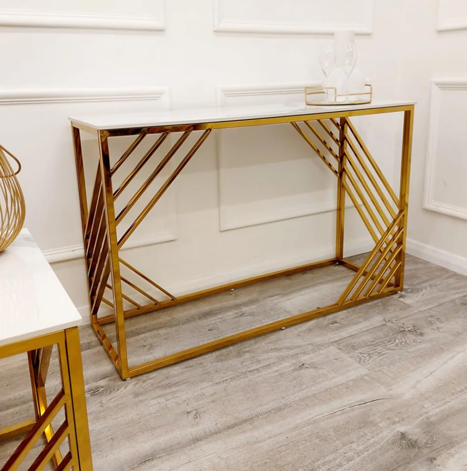 Azure Gold Console Table & Pair of Side Tables – Slim Hallway Console & Small Side Lamp Tables with White Sintered Stone Tops