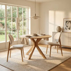 Round Oak Drop Leaf Dining Table Set with 2 Cream Upholstered Chairs – Space-Saving 2 Seater Dining Set