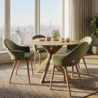 Carson Round Oak Drop Leaf Dining Table Set with 4 Sage Green Velvet Chairs – Space-Saving 4 Seater Dining Set