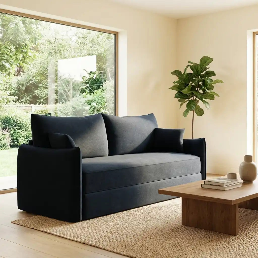 Navy Blue Chenille 3-Seater Sofa Bed with Pull-Out Design