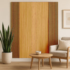 Modern living room with a wooden wall panel, table, chair, and plant.