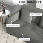 Gray sofabed with features labeled including extra cushions, cotton-feel fabric, and thick padding.