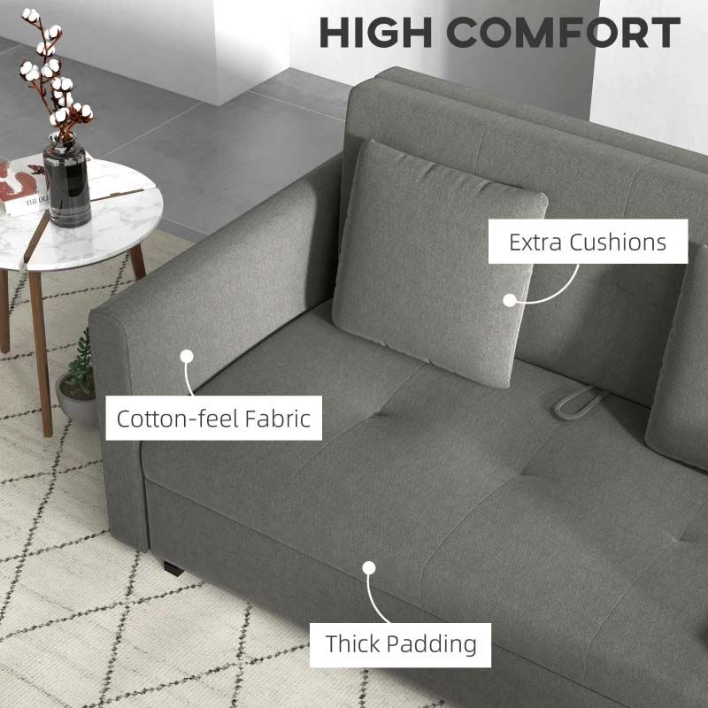 Gray sofabed with features labeled including extra cushions, cotton-feel fabric, and thick padding.