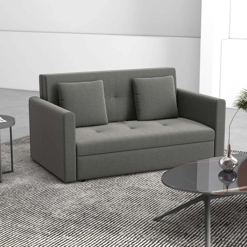 Gray sofa bed in a modern room with a glass table and plant.