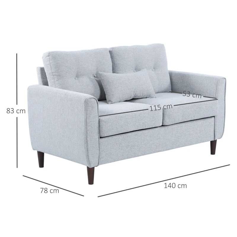 Gray sofa with dimensions marked on a white background