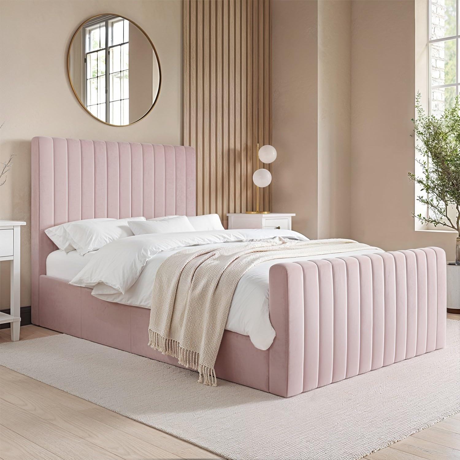 Velvet Ottoman Bed with Storage in Pink Grey or Beige Side Lift Gas Frame with Headboard Mattress Option Available for Double or Single Bedrooms