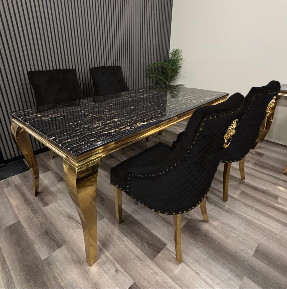 1.8m Marble Top Dining Table with 4 Velvet Lion Knocker Chairs – Black & Gold – Modern 4 Seater Dining Set Furniture