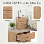 3-drawer oak bedside chest shown in a collage with front view, side profile, in-room lifestyle scene beside a bed, and a detailed drawer view. Text at the top reads 'Versatile & Stylish: 3-Drawer Oak Bedside Chest.