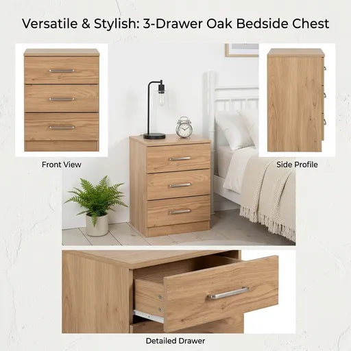 3-drawer oak bedside chest shown in a collage with front view, side profile, in-room lifestyle scene beside a bed, and a detailed drawer view. Text at the top reads 'Versatile & Stylish: 3-Drawer Oak Bedside Chest.