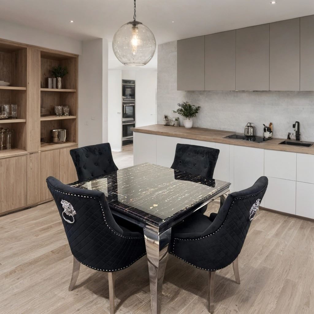 Louis Marble Dining Table – Modern Rectangular & Round Dining Room Table with Stainless Steel Base – Luxury Marble Top Dining Table for 4–6 People