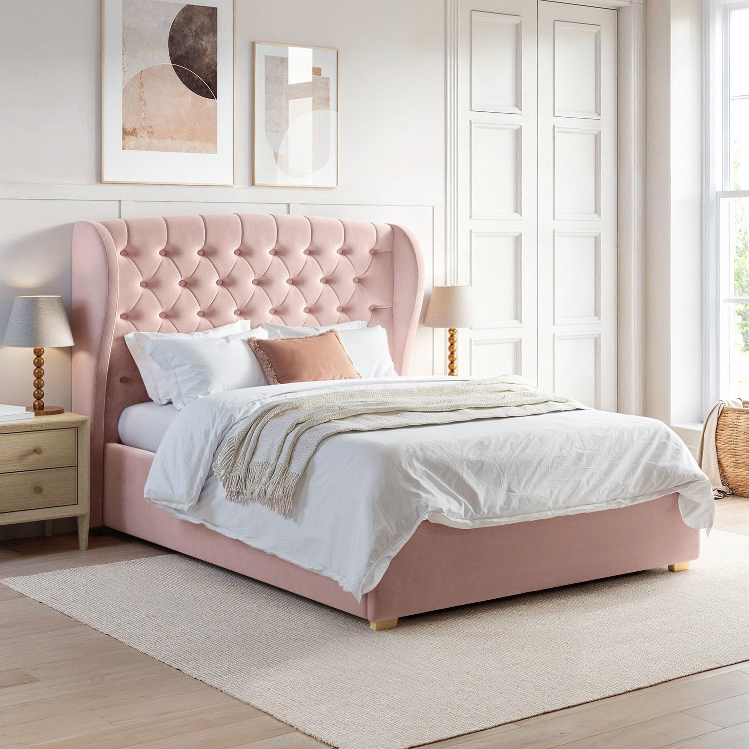 Safina Winged Ottoman Bed with Storage and Buttoned Headboard in Velvet or Fabric Mattress Option Available