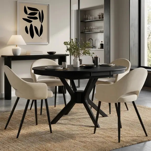 Black Extendable Dining Set with 4–6 Beige Chairs