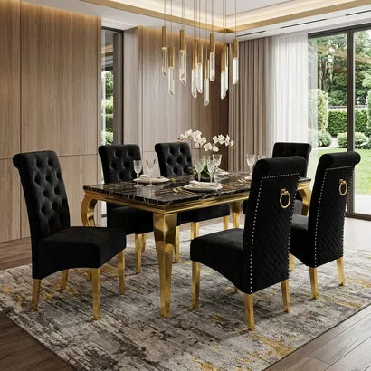 Luvon Emma Black and Gold Marble Dining Table with Golden Frame & Black Velvet Ring Knocker Chairs
