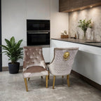 1.8m Marble Top Dining Table with 4 or 6 Bentley Beige & Gold Chairs – Luxury Black & Gold Dining Set – Modern Lion Knocker Chairs