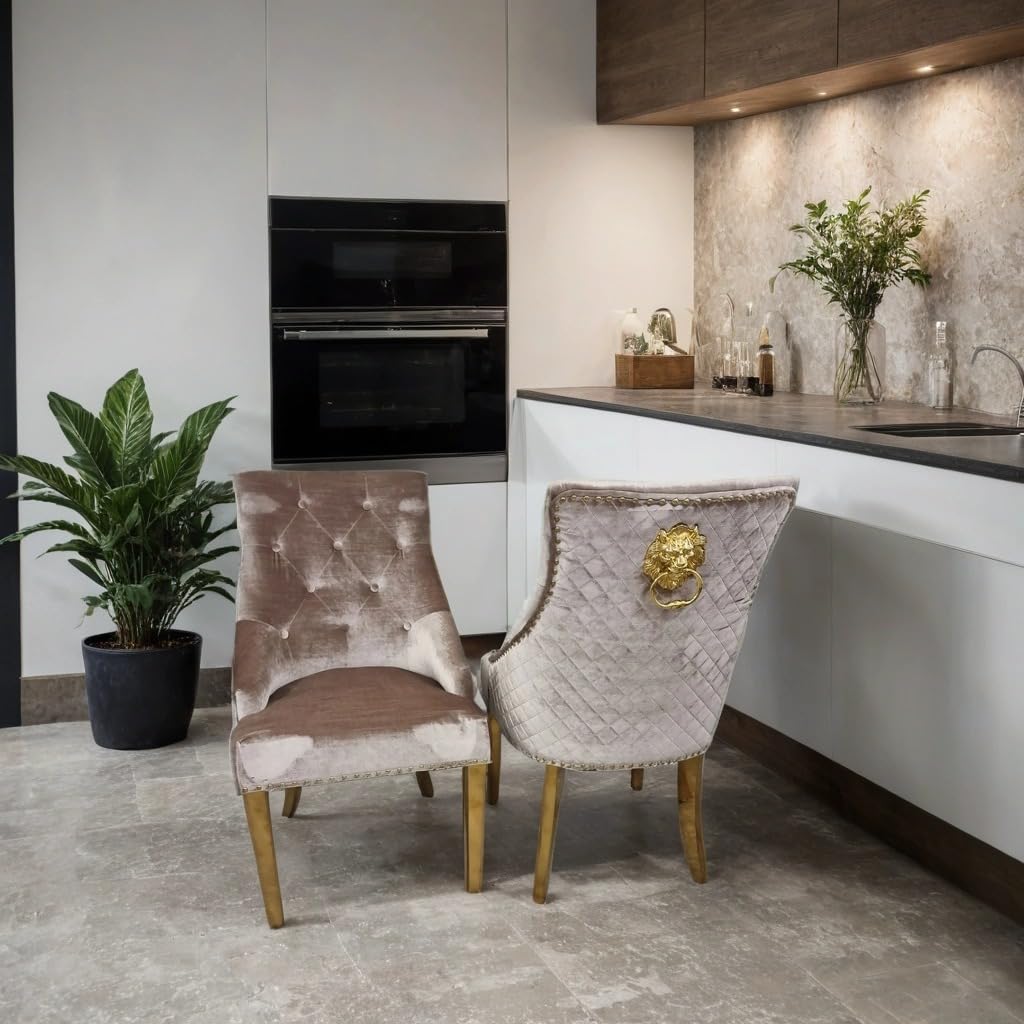 1.8m Marble Top Dining Table with 4 or 6 Bentley Beige & Gold Chairs – Luxury Black & Gold Dining Set – Modern Lion Knocker Chairs