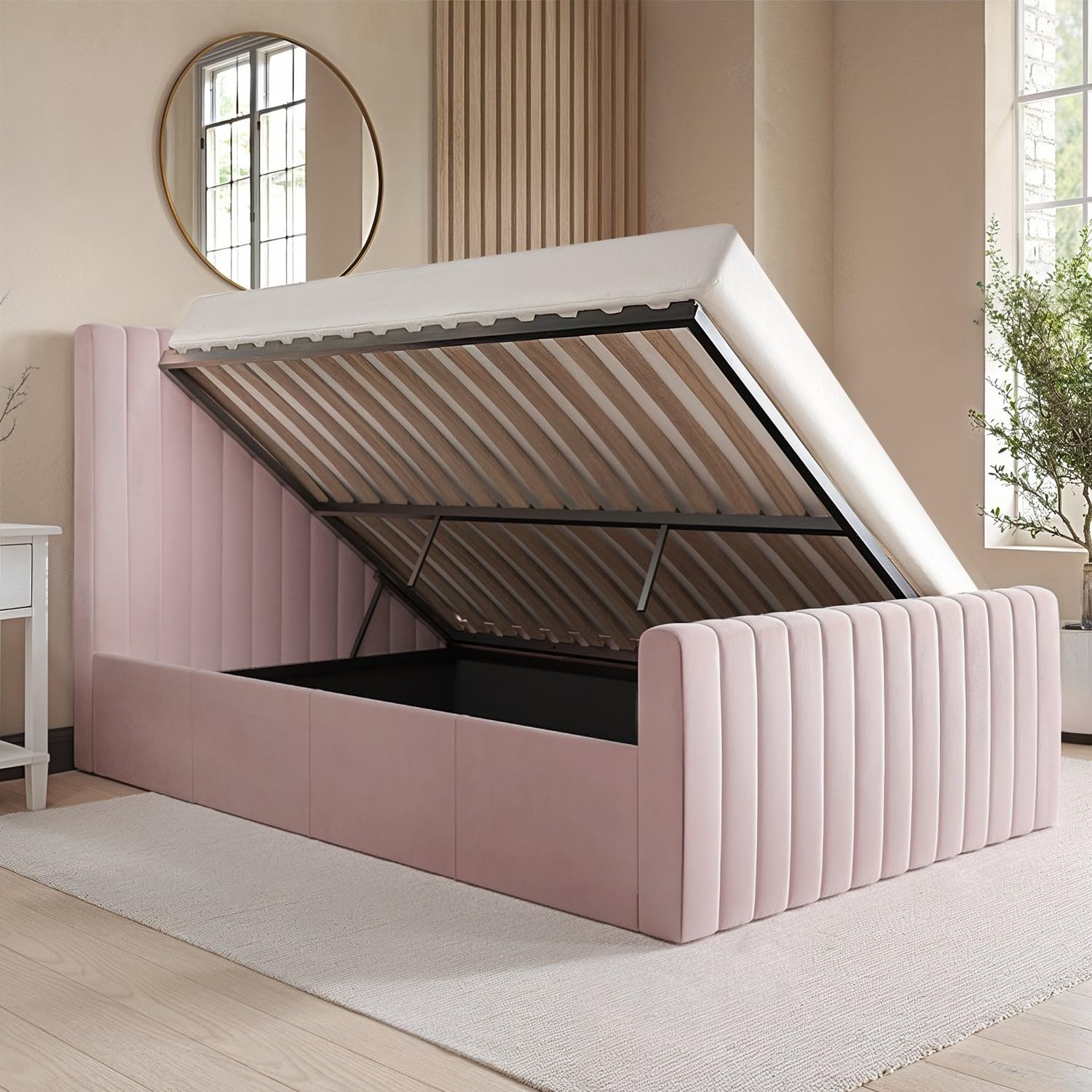 Velvet Ottoman Bed with Storage in Pink Grey or Beige Side Lift Gas Frame with Headboard Mattress Option Available for Double or Single Bedrooms
