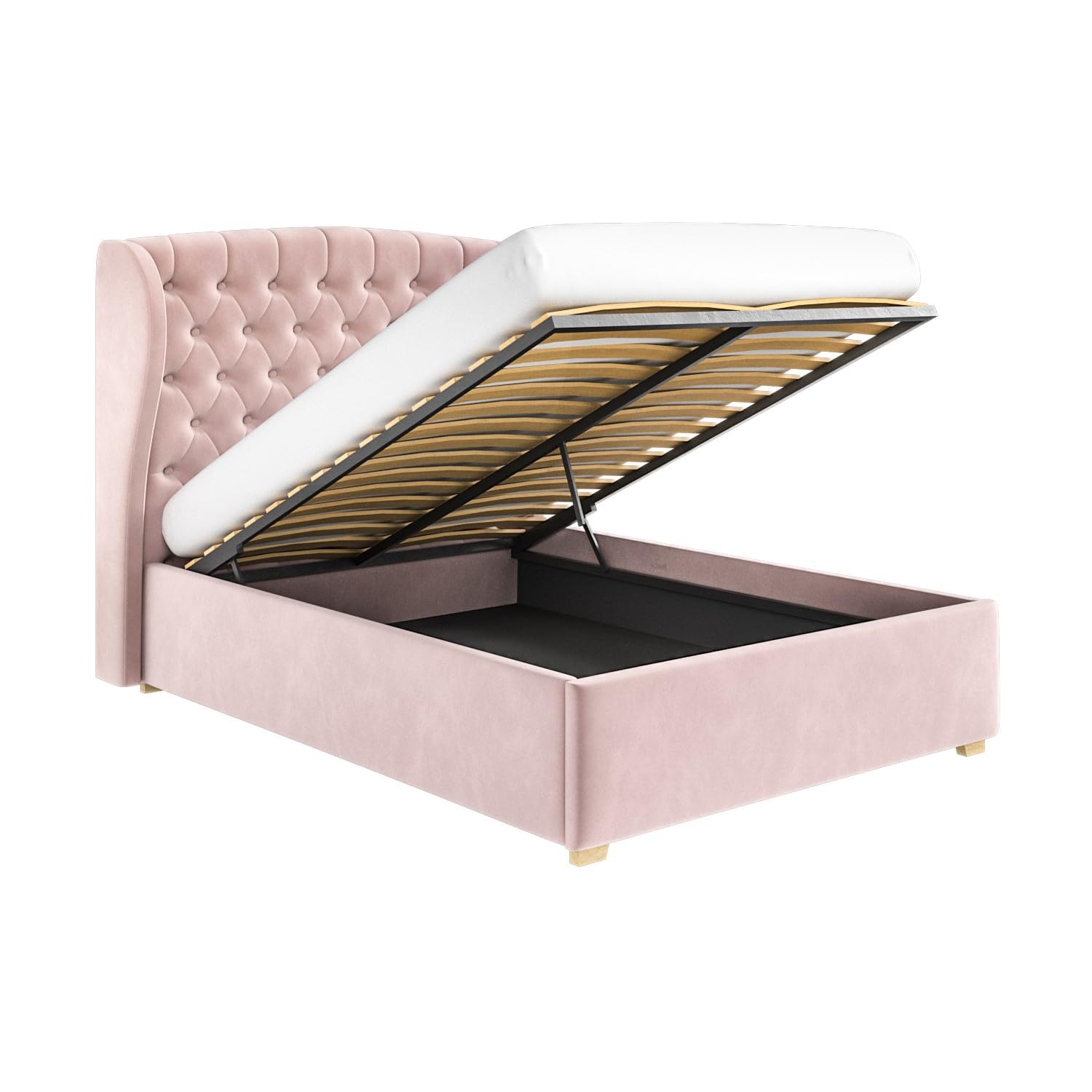 Safina Winged Ottoman Bed with Storage and Buttoned Headboard in Velvet or Fabric Mattress Option Available