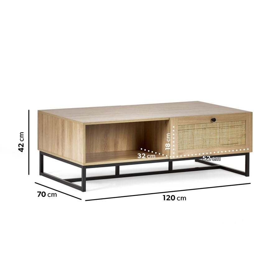 Rectangular Oak Coffee Table with Rattan Drawers – Rustic Wood Effect with Storage and Black Metal Legs