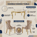 A 4-chair dining set infographic featuring a marble-top table with gold metal legs and four tufted velvet chairs with gold legs and lion head pulls. The image includes dimension callouts, material labels, and decorative beige background with blue and brown accents.