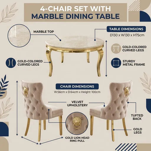 A 4-chair dining set infographic featuring a marble-top table with gold metal legs and four tufted velvet chairs with gold legs and lion head pulls. The image includes dimension callouts, material labels, and decorative beige background with blue and brown accents.