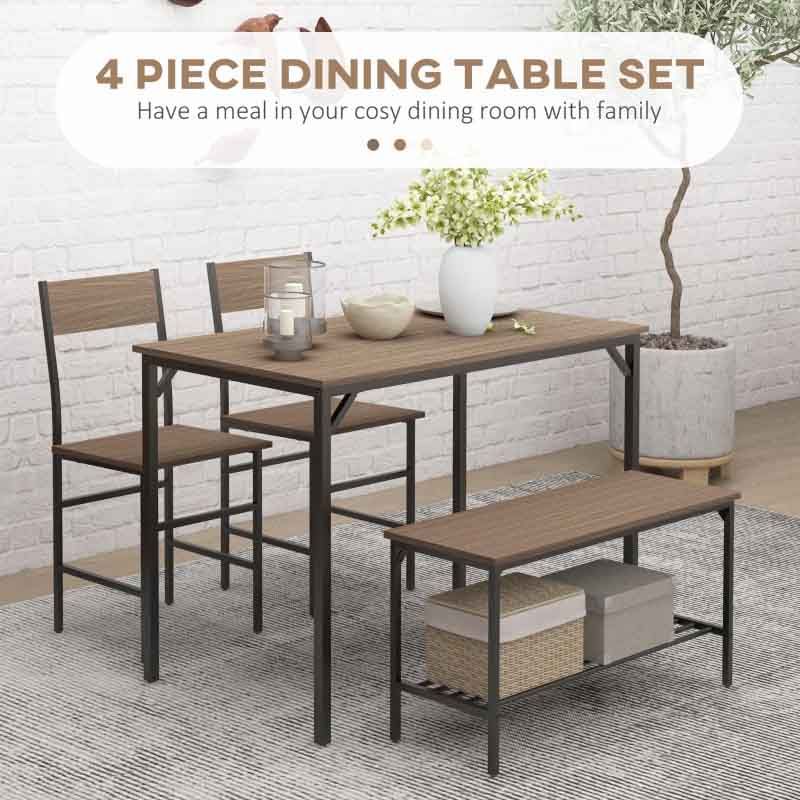 4-piece dining table set with chairs and bench on a white brick wall background
