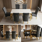 Luvon Emma Cream Marble Dining Table with Gold Frame & Grey Velvet Ring Knocker Chairs
