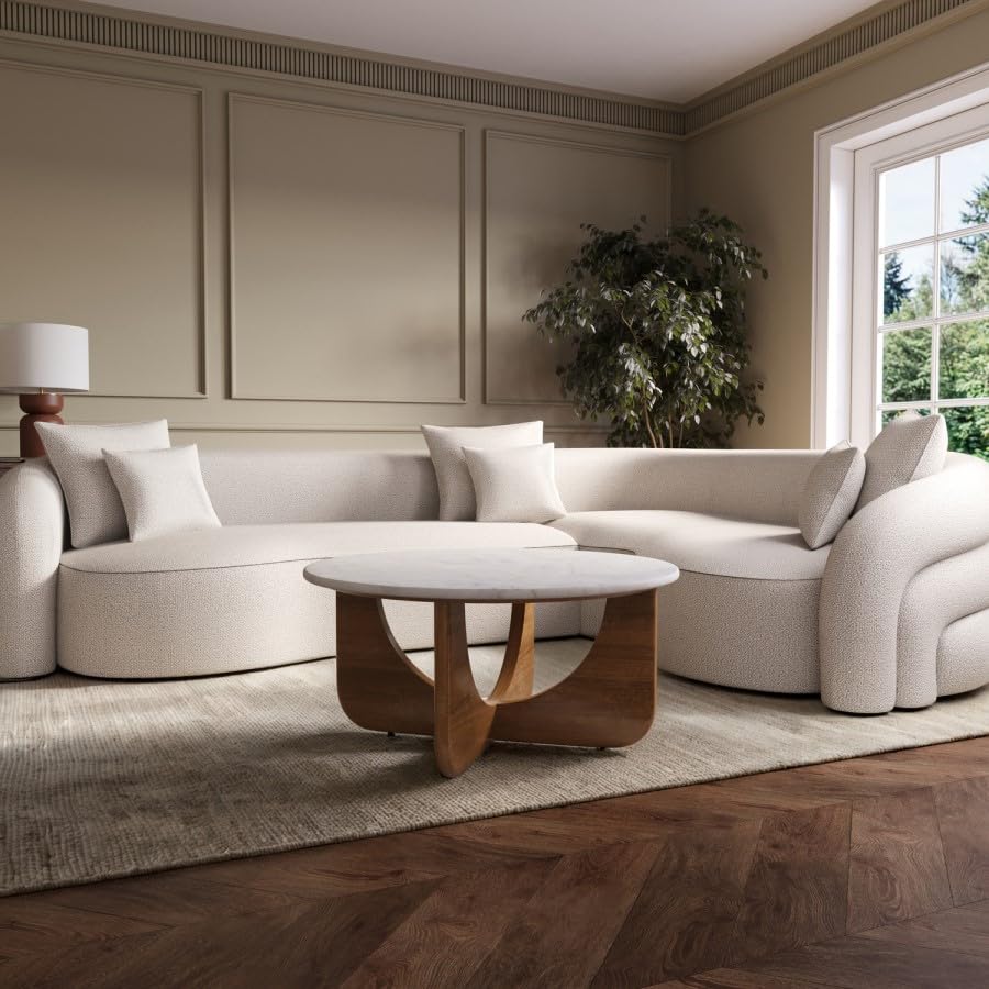 Round White Marble Coffee Table – Solid Mango Wood Base – Mid Century Modern Living Room Table – No Assembly Required