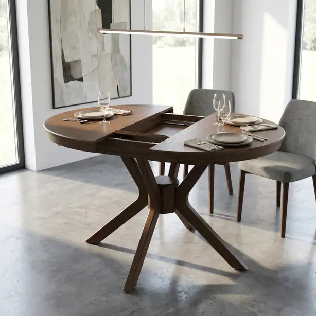Walnut Extendable Dining Set with 4and 6 Beige Chairs in faux leather