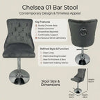 Chelsea Dark Grey Velvet Bar Stool with Chrome Base – Kitchen Breakfast Bar Stool with Lion Head or Ring Knocker Back Pair of 2 (Ring Knocker)