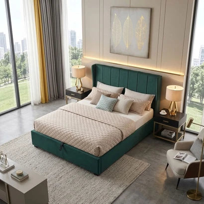 Ava 5ft King Size Green Velvet Bed Frame Upholstered Bed with Headboard