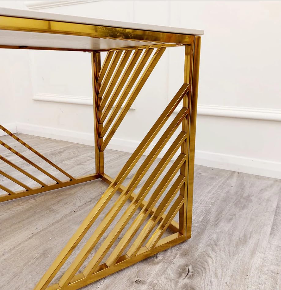 Azure Gold Console Table & Pair of Side Tables – Slim Hallway Console & Small Side Lamp Tables with White Sintered Stone Tops