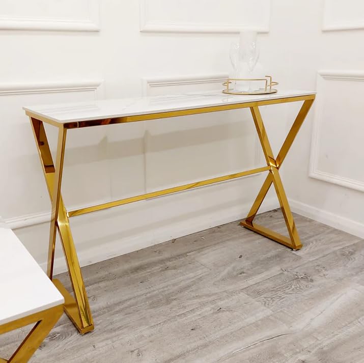 Zion Gold Console Table, Coffee Table & Side Tables Set – Slim Hallway Console, White Coffee Table & Small Side Lamp Tables