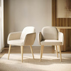 Beige Boucle Dining Chair Set of 2 – Armrest Dining Chairs – Upholstered Accent Chair – Modern Wooden Leg Dining Room Chairs