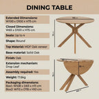 Round Oak Drop Leaf Dining Table Set with 2 Cream Upholstered Chairs – Space-Saving 2 Seater Dining Set