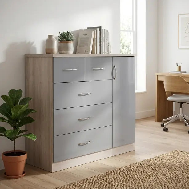 A modern 5-drawer storage cabinet with a light gray front and a light wood grain side panel, styled in a bright, minimalist home office next to a desk and chair.