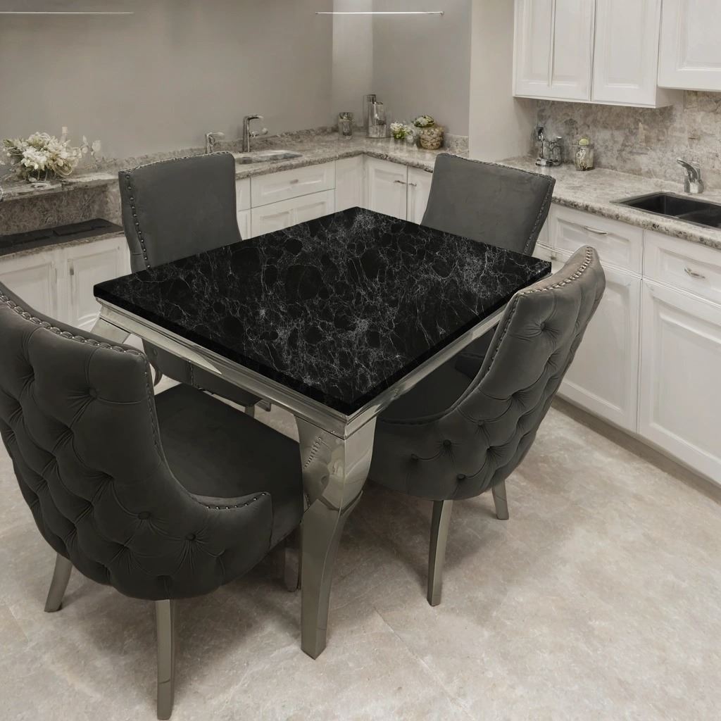 Louis Marble Dining Table – Modern Rectangular & Round Dining Room Table with Stainless Steel Base – Luxury Marble Top Dining Table for 4–6 People