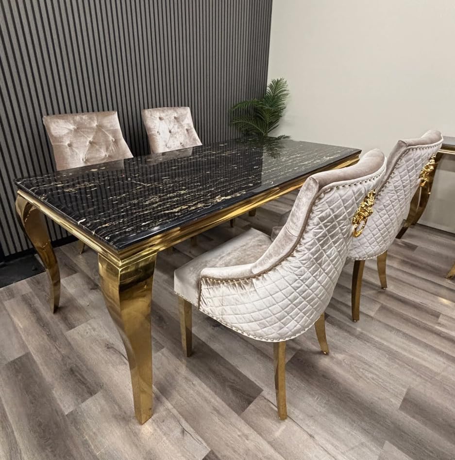 1.8m Marble Top Dining Table with 4 or 6 Bentley Beige & Gold Chairs – Luxury Black & Gold Dining Set – Modern Lion Knocker Chairs