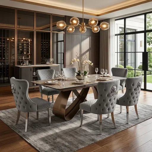 Luvon Cheshire Extending Ceramic Dining Table Set with 6 Grey Velvet Lion Head Knocker Chairs and Silver Chrome Legs
