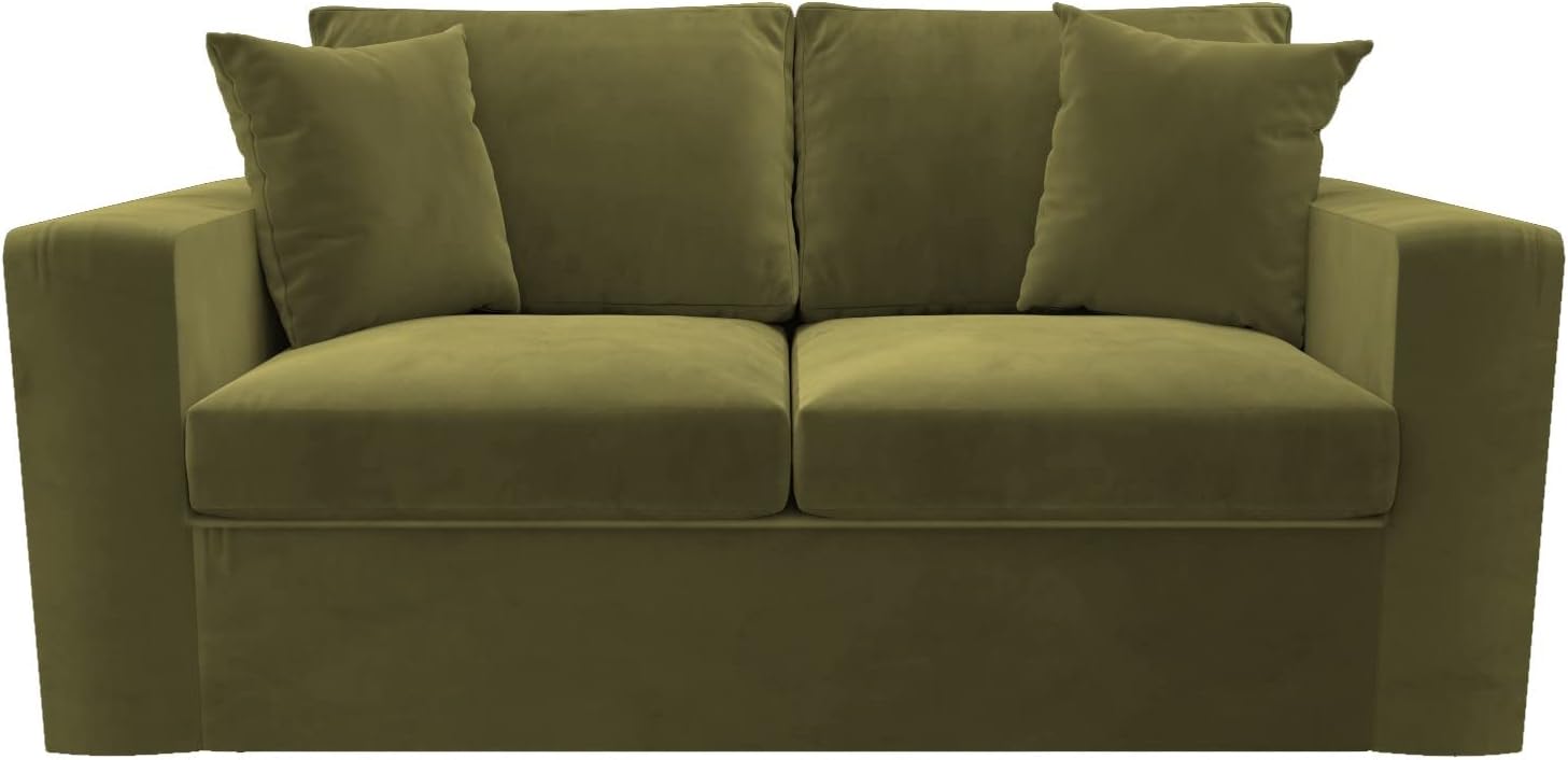 2 Seater Velvet Sofa Bed – Pull-Out Double Sleeper with Cushions & Soft Upholstery – Compact No Assembly Couch for Guest Room or Lounge – Olive, Mint Green or Blush Pink (Olive)