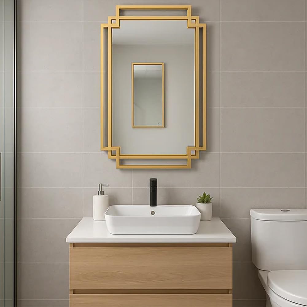 Art Deco Gold Rectangular Mirror 94 x 48 cm – Modern Metal Frame Wall Décor for Living Room, Bedroom or Hallway – Stylish Geometric Mirror with Clear Reflective Glass